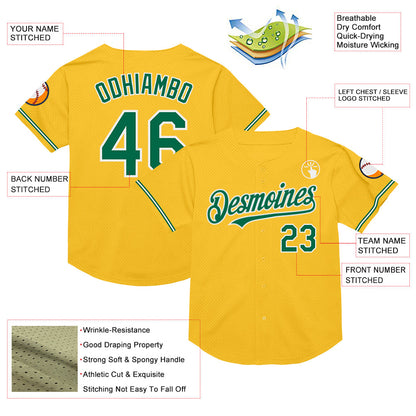 Custom Gold Kelly Green-White Mesh Authentic Throwback Baseball Jersey - Sky-Custom