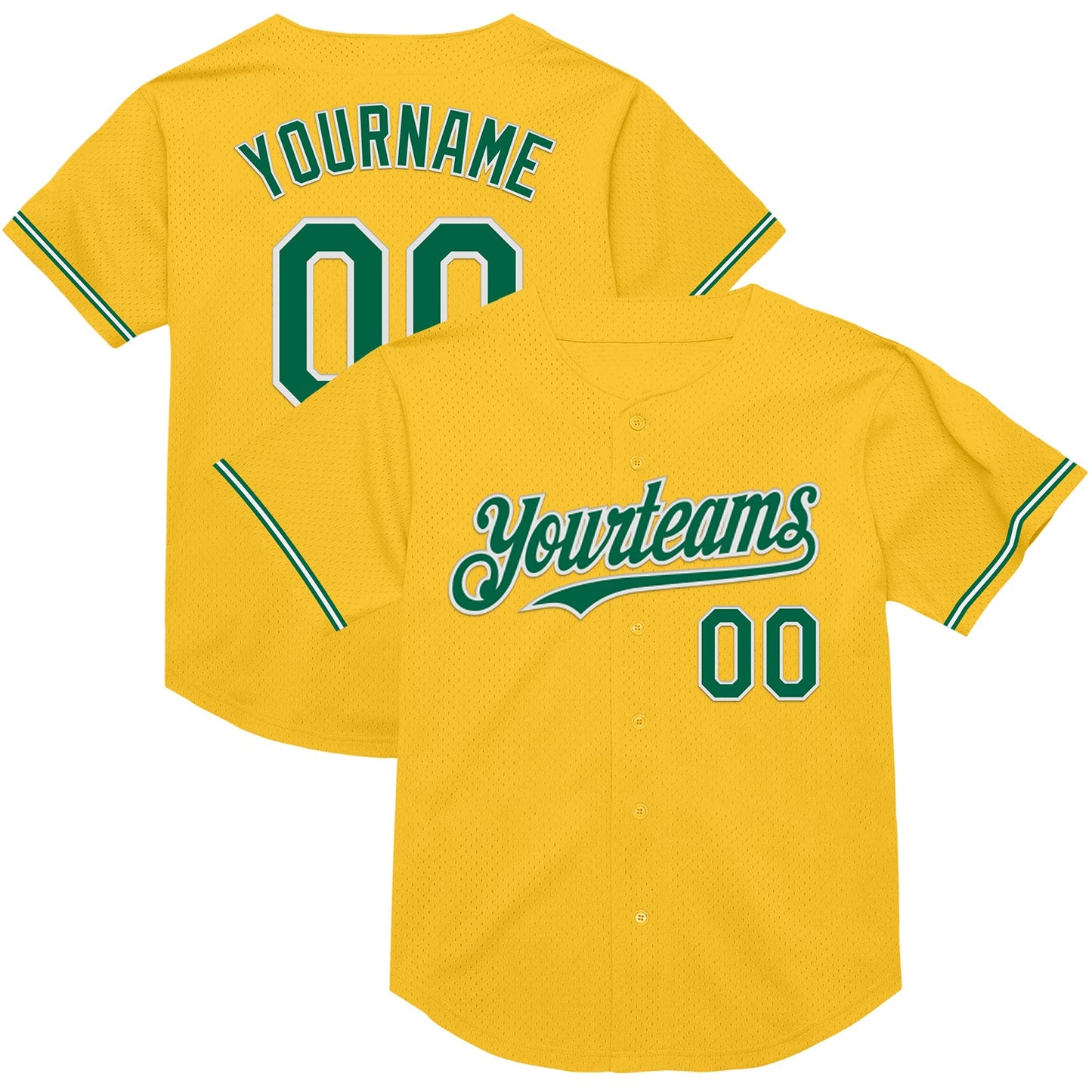 Custom Gold Kelly Green-White Mesh Authentic Throwback Baseball Jersey - Sky-Custom