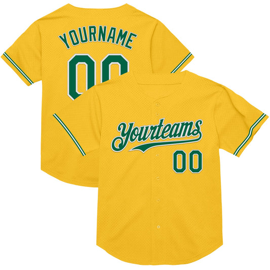Custom Gold Kelly Green-White Mesh Authentic Throwback Baseball Jersey - Sky-Custom