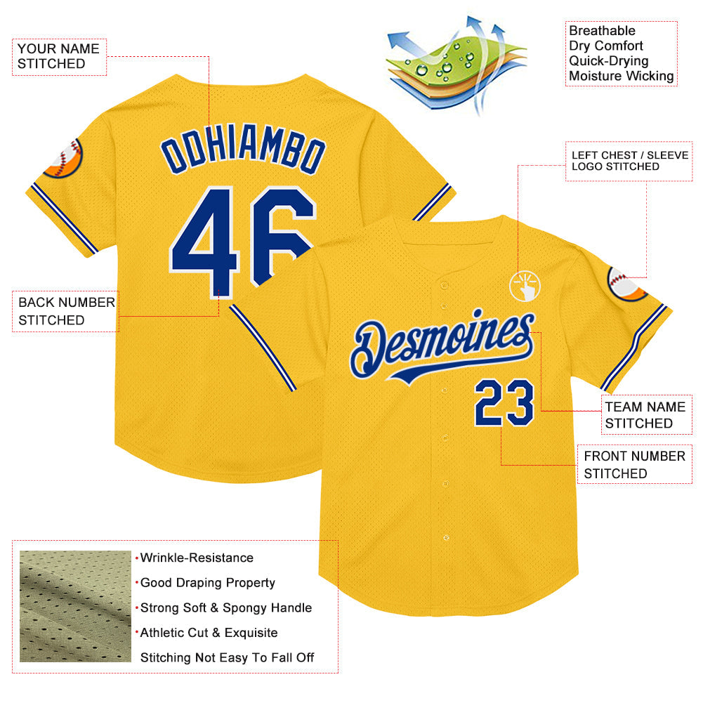 Custom Gold Royal-White Mesh Authentic Throwback Baseball Jersey - Sky-Custom