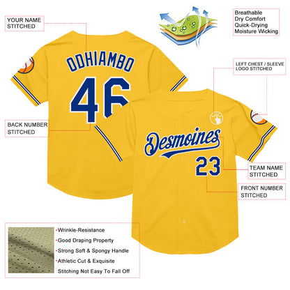 Custom Gold Royal-White Mesh Authentic Throwback Baseball Jersey - Sky-Custom
