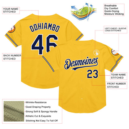 Custom Gold Navy-White Mesh Authentic Throwback Baseball Jersey - Sky-Custom