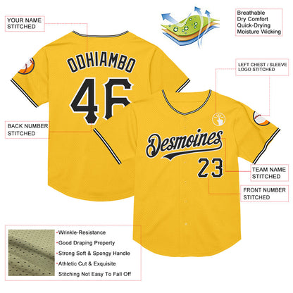 Custom Gold Black-White Mesh Authentic Throwback Baseball Jersey - Sky-Custom