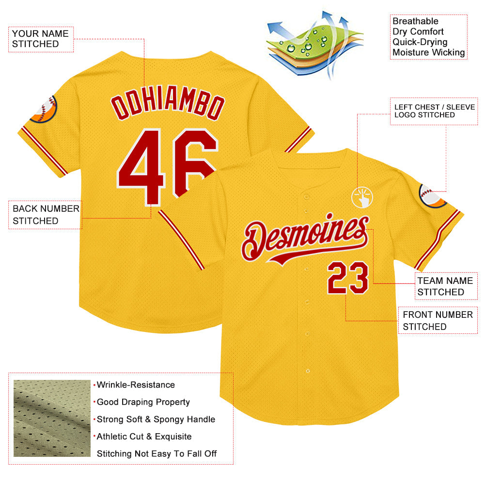 Custom Gold Red-White Mesh Authentic Throwback Baseball Jersey - Sky-Custom