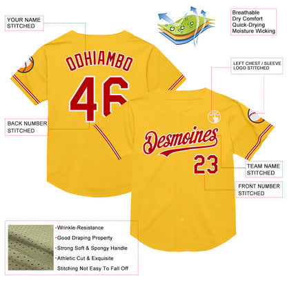 Custom Gold Red-White Mesh Authentic Throwback Baseball Jersey - Sky-Custom