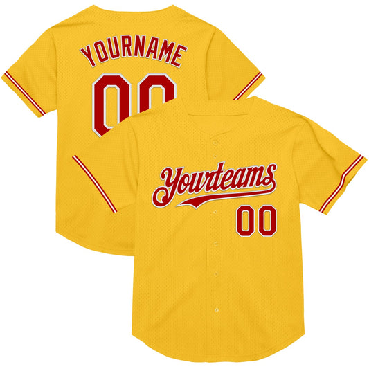 Custom Gold Red-White Mesh Authentic Throwback Baseball Jersey - Sky-Custom