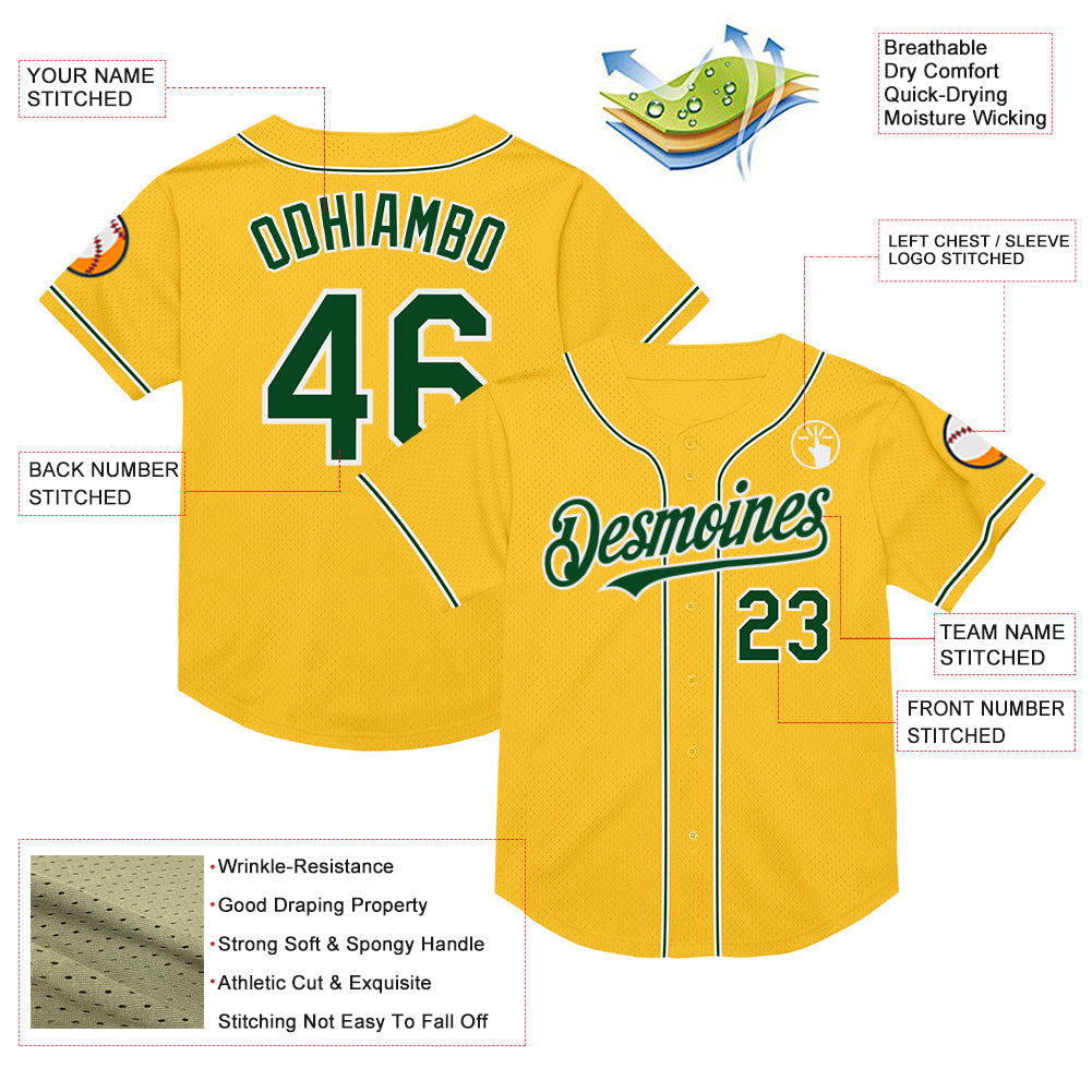 Custom Gold Green-White Mesh Authentic Throwback Baseball Jersey - Sky-Custom