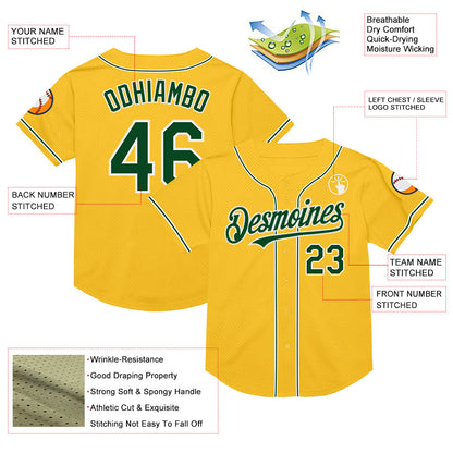 Custom Gold Green-White Mesh Authentic Throwback Baseball Jersey - Sky-Custom