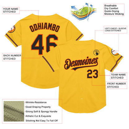 Custom Gold Black-Orange Mesh Authentic Throwback Baseball Jersey - Sky-Custom