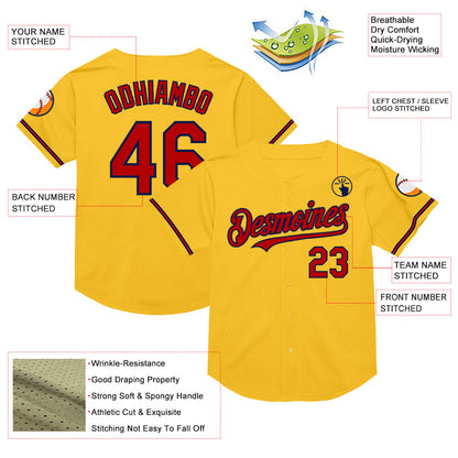 Custom Gold Red-Navy Mesh Authentic Throwback Baseball Jersey - Sky-Custom