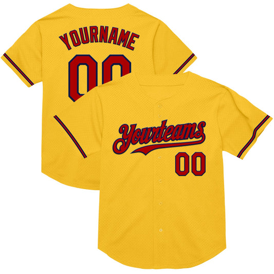 Custom Gold Red-Navy Mesh Authentic Throwback Baseball Jersey - Sky-Custom