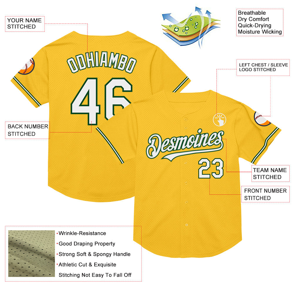 Custom Gold White-Green Mesh Authentic Throwback Baseball Jersey - Sky-Custom