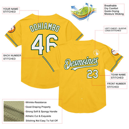 Custom Gold White-Green Mesh Authentic Throwback Baseball Jersey - Sky-Custom