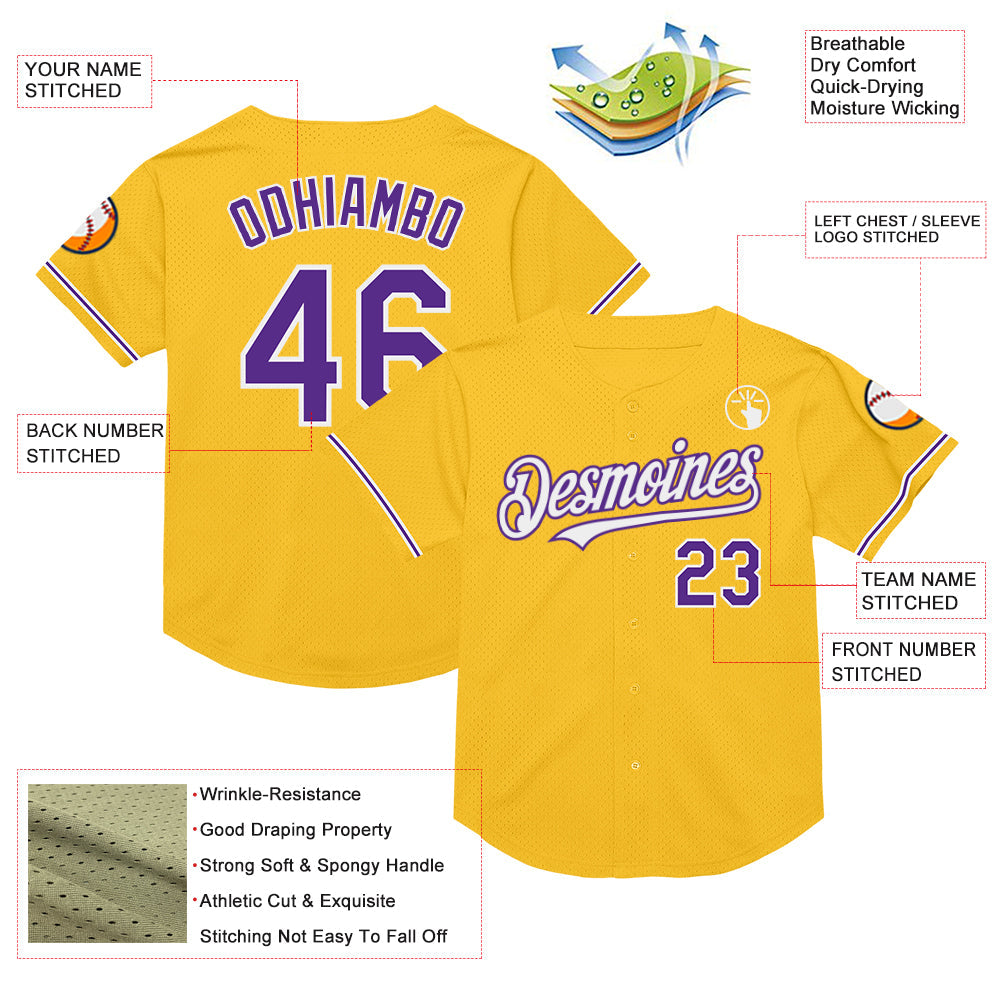 Custom Gold Purple-White Mesh Authentic Throwback Baseball Jersey - Sky-Custom