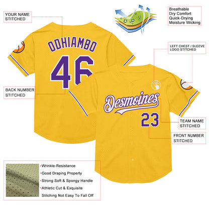 Custom Gold Purple-White Mesh Authentic Throwback Baseball Jersey - Sky-Custom