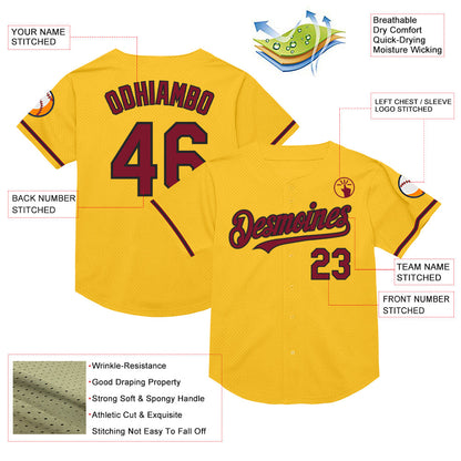 Custom Gold Crimson-Black Mesh Authentic Throwback Baseball Jersey - Sky-Custom