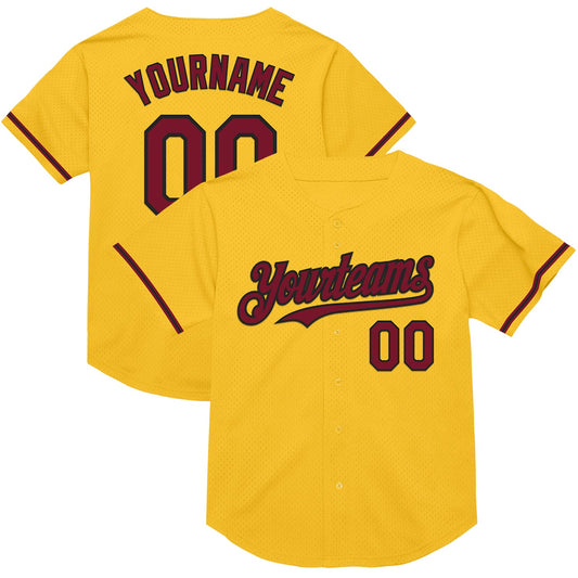 Custom Gold Crimson-Black Mesh Authentic Throwback Baseball Jersey - Sky-Custom