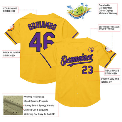 Custom Gold Purple-Black Mesh Authentic Throwback Baseball Jersey - Sky-Custom
