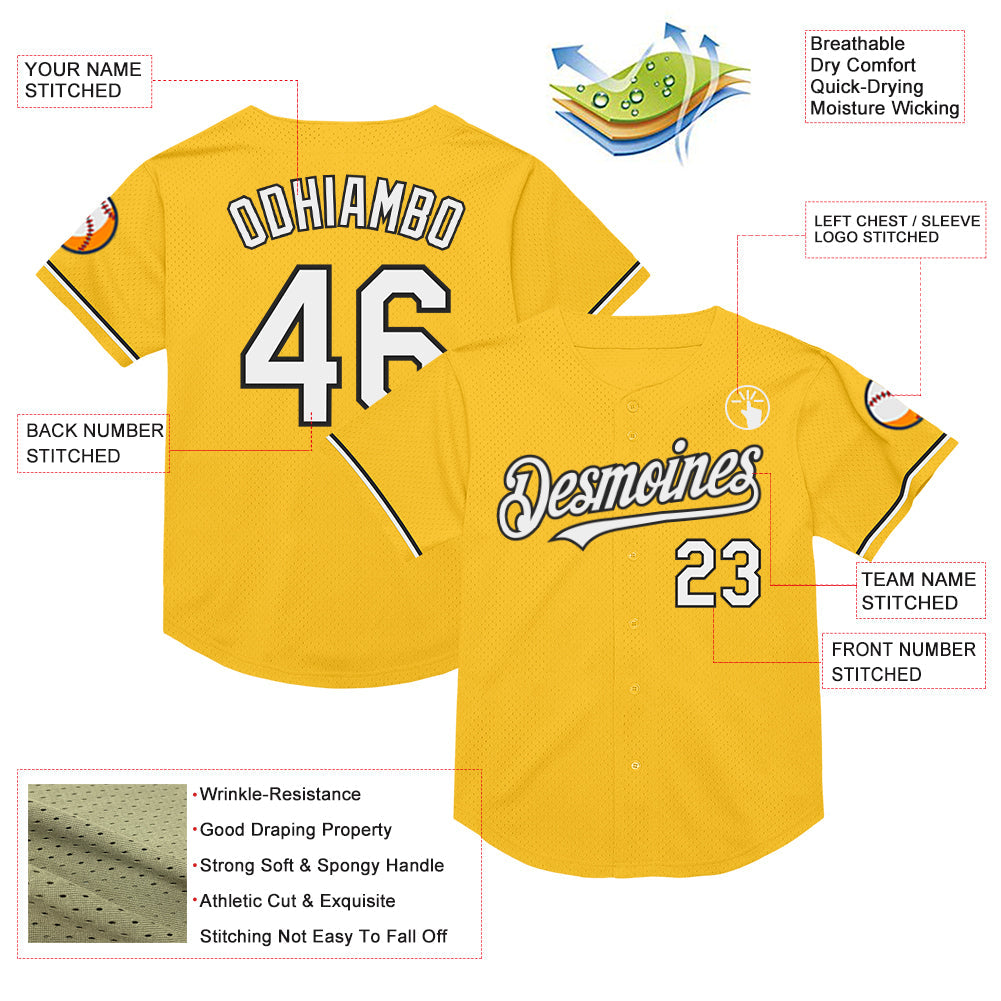 Custom Gold White-Black Mesh Authentic Throwback Baseball Jersey - Sky-Custom
