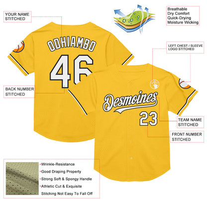 Custom Gold White-Black Mesh Authentic Throwback Baseball Jersey - Sky-Custom