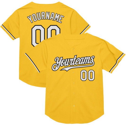Custom Gold White-Black Mesh Authentic Throwback Baseball Jersey - Sky-Custom