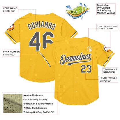 Custom Gold Steel Gray-White Mesh Authentic Throwback Baseball Jersey - Sky-Custom