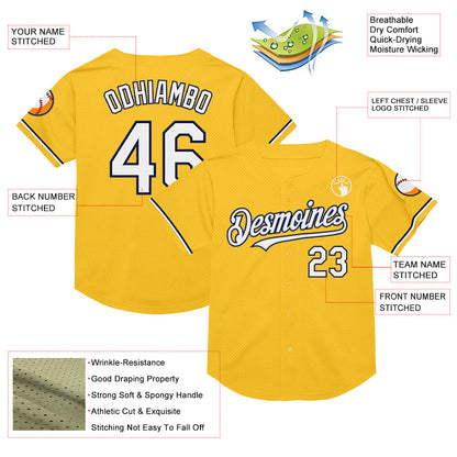 Custom Gold White-Navy Mesh Authentic Throwback Baseball Jersey - Sky-Custom