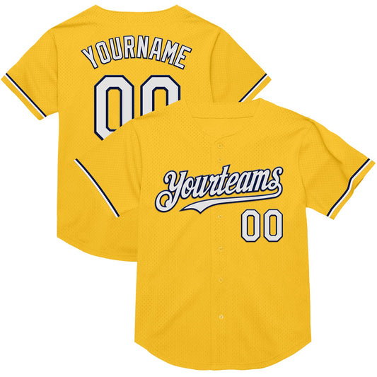 Custom Gold White-Navy Mesh Authentic Throwback Baseball Jersey - Sky-Custom