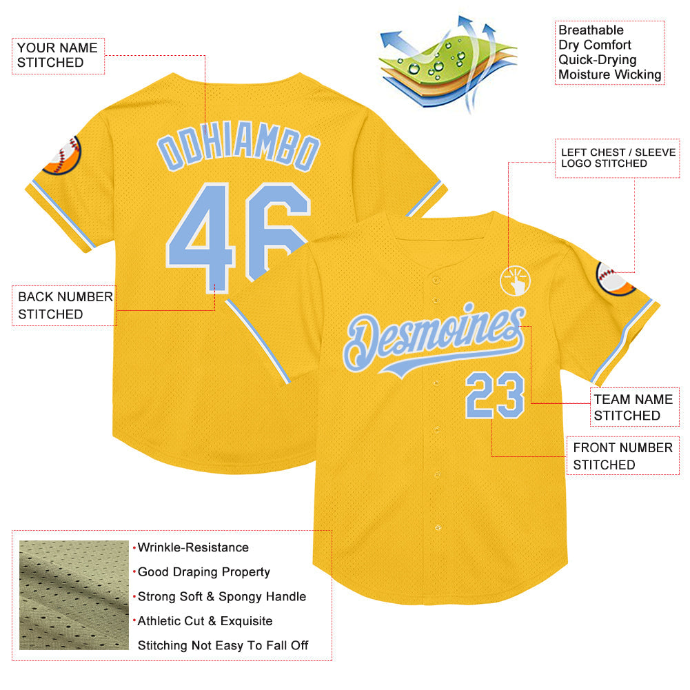 Custom Gold Light Blue-White Mesh Authentic Throwback Baseball Jersey - Sky-Custom