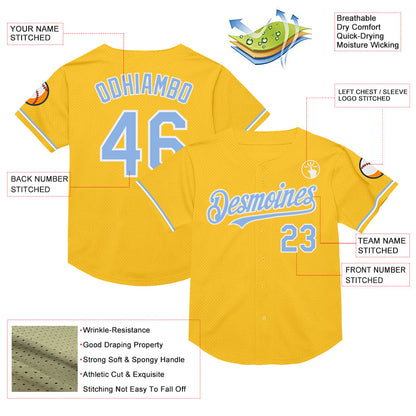 Custom Gold Light Blue-White Mesh Authentic Throwback Baseball Jersey - Sky-Custom