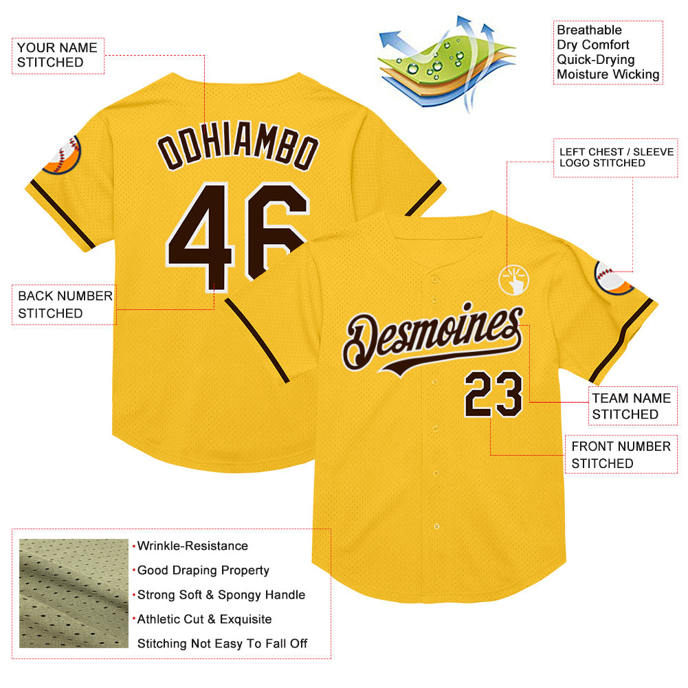 Custom Gold Brown-White Mesh Authentic Throwback Baseball Jersey - Sky-Custom