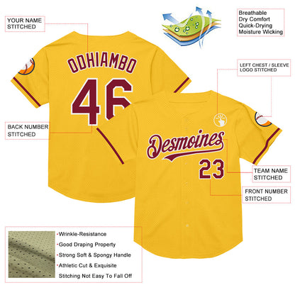 Custom Gold Crimson-White Mesh Authentic Throwback Baseball Jersey - Sky-Custom