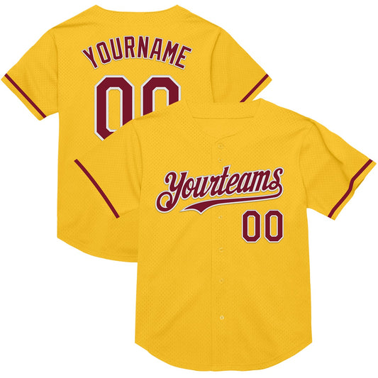 Custom Gold Crimson-White Mesh Authentic Throwback Baseball Jersey - Sky-Custom