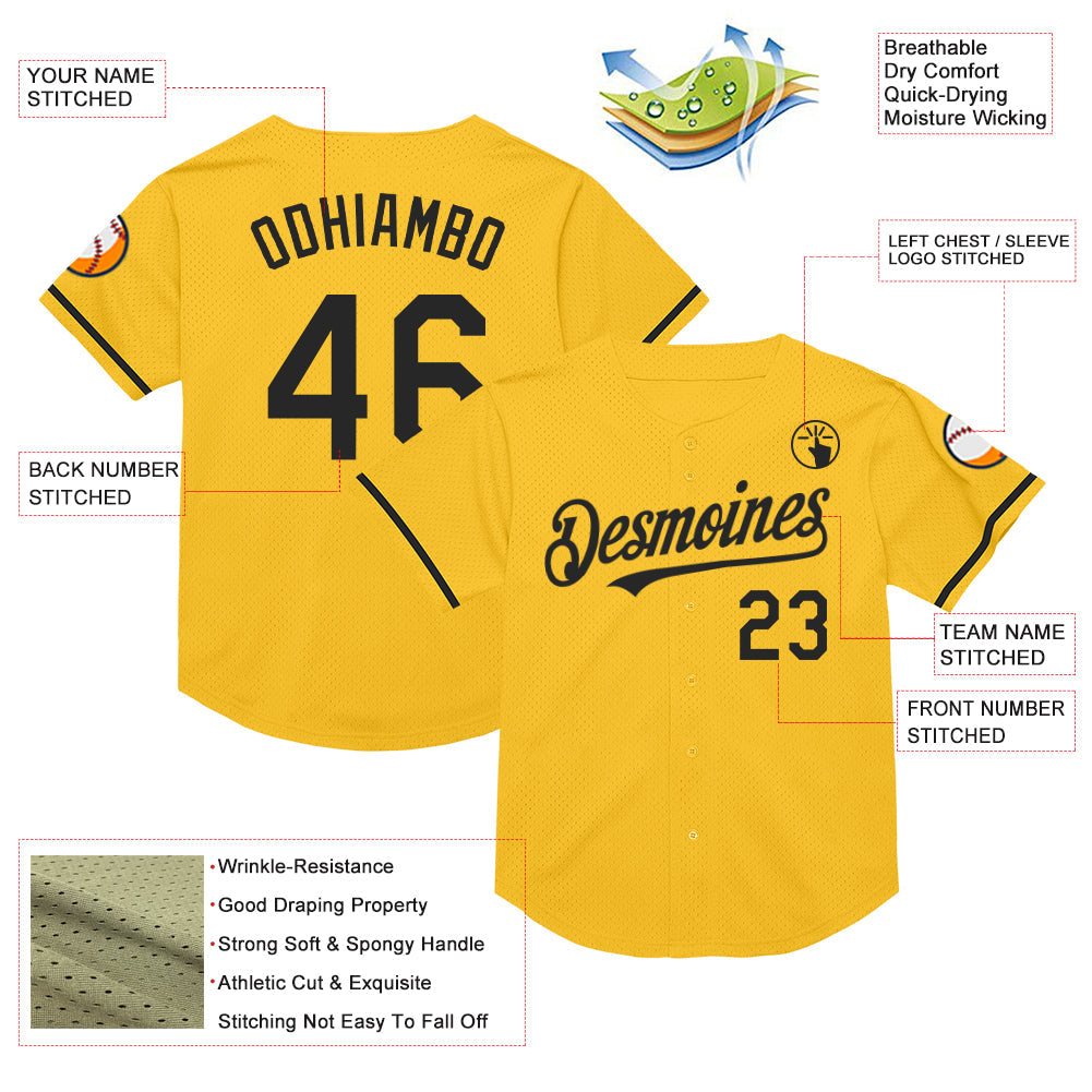 Custom Gold Black Mesh Authentic Throwback Baseball Jersey - Sky-Custom