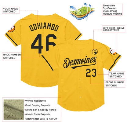 Custom Gold Black Mesh Authentic Throwback Baseball Jersey - Sky-Custom