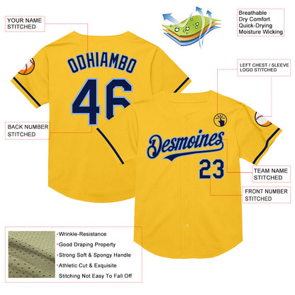 Custom Gold Navy-Light Blue Mesh Authentic Throwback Baseball Jersey - Sky-Custom