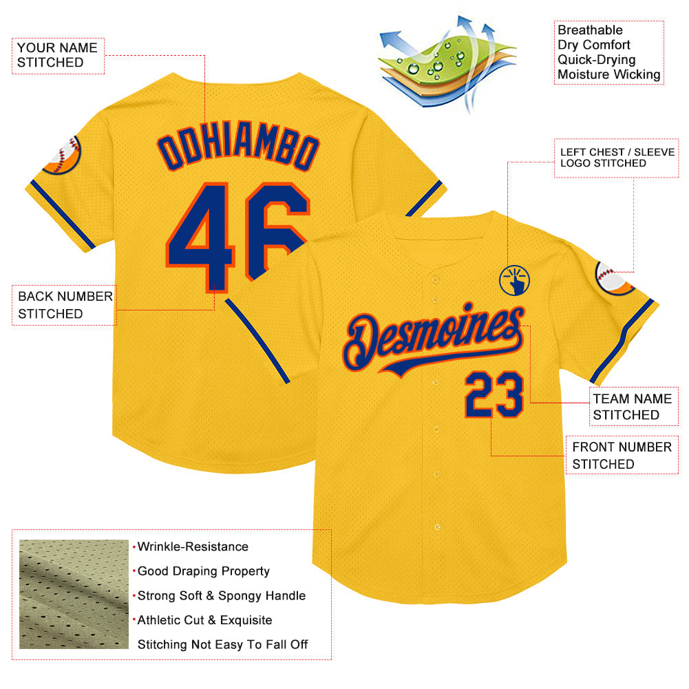 Custom Gold Royal-Orange Mesh Authentic Throwback Baseball Jersey - Sky-Custom