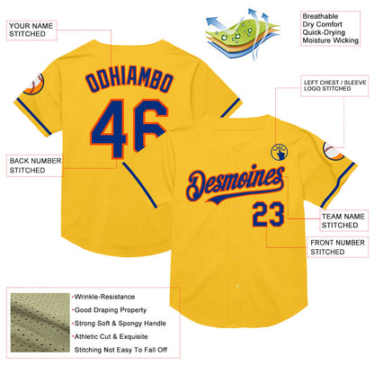 Custom Gold Royal-Orange Mesh Authentic Throwback Baseball Jersey - Sky-Custom