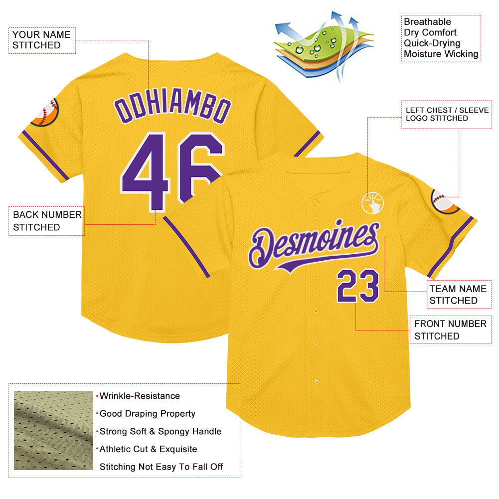 Custom Gold Purple-White Mesh Authentic Throwback Baseball Jersey - Sky-Custom