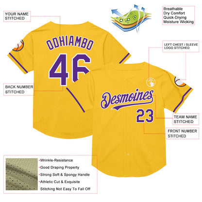 Custom Gold Purple-White Mesh Authentic Throwback Baseball Jersey - Sky-Custom
