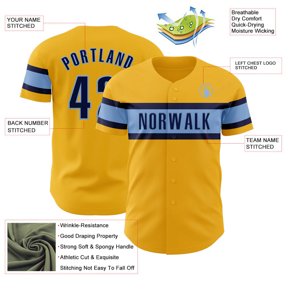 Custom Gold Navy-Light Blue Authentic Baseball Jersey - Sky-Custom
