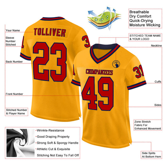 Custom Gold Red-Navy Mesh Authentic Throwback Football Jersey - Sky-Custom