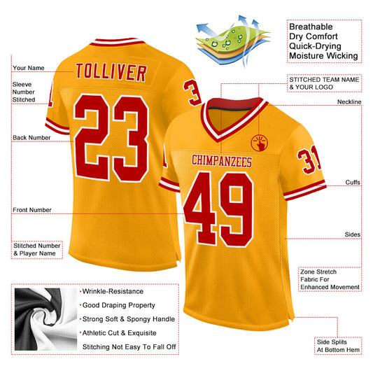 Custom Gold Red-White Mesh Authentic Throwback Football Jersey - Sky-Custom