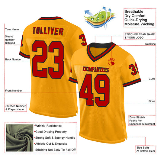 Custom Gold Red-Black Mesh Authentic Throwback Football Jersey - Sky-Custom