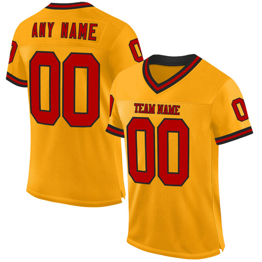 Custom Gold Red-Black Mesh Authentic Throwback Football Jersey - Sky-Custom