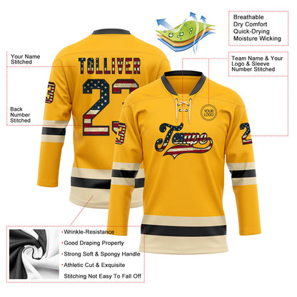 Custom Gold Vintage USA Flag Black-Cream Hockey Lace Neck Jersey - Sky-Custom