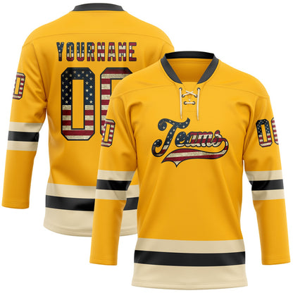Custom Gold Vintage USA Flag Black-Cream Hockey Lace Neck Jersey - Sky-Custom