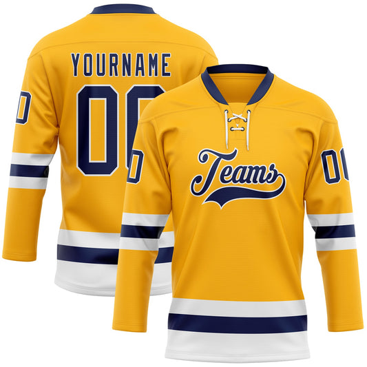 Custom Gold Navy-White Hockey Lace Neck Jersey - Sky-Custom