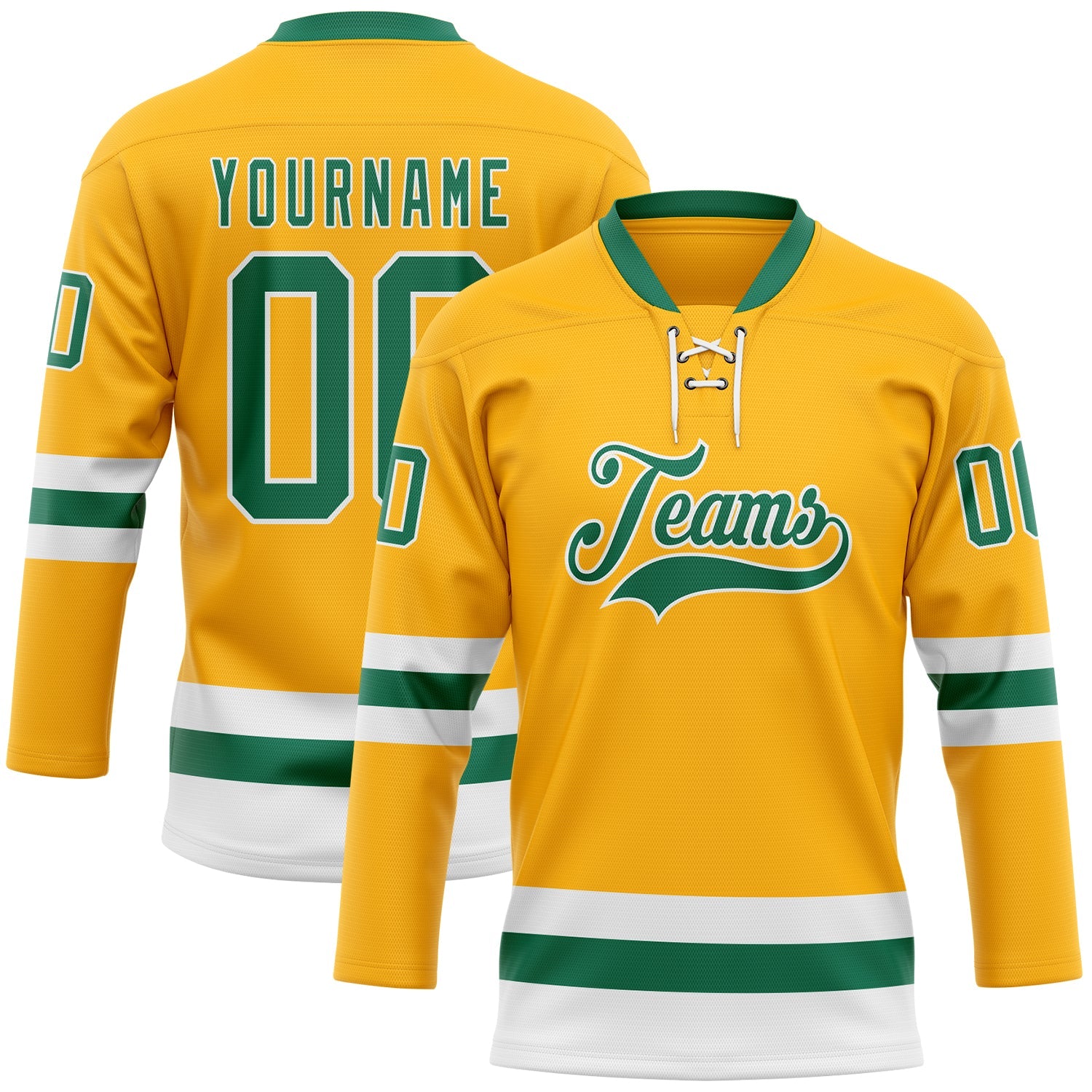 Custom Gold Kelly Green-White Hockey Lace Neck Jersey - Sky-Custom