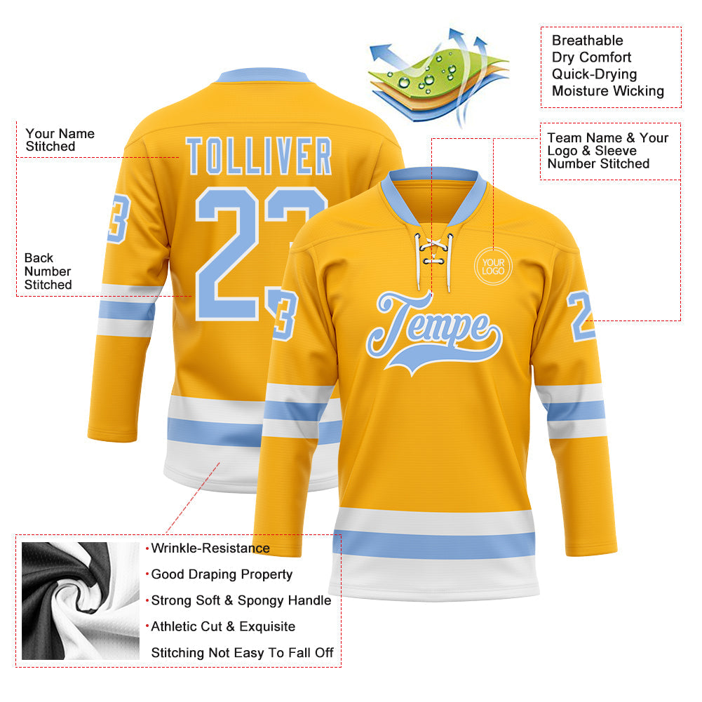 Custom Gold Light Blue-White Hockey Lace Neck Jersey - Sky-Custom